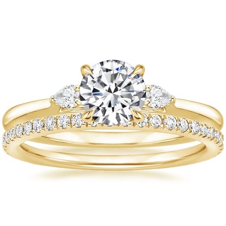 18K Yellow Gold Perfect Fit Three Stone Pear Diamond Ring with Luxe Ballad Diamond Ring