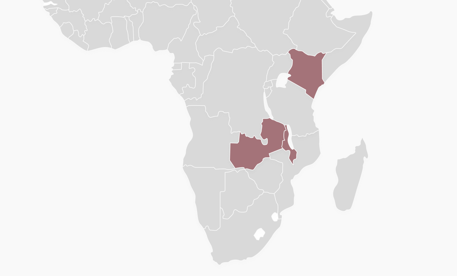 Map of Zambia, Kenya, and Malawi